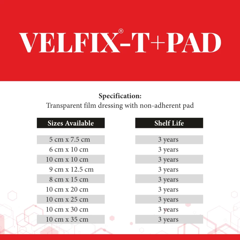 Velfix® T+Pad post-operative film dressing with absorbent pad