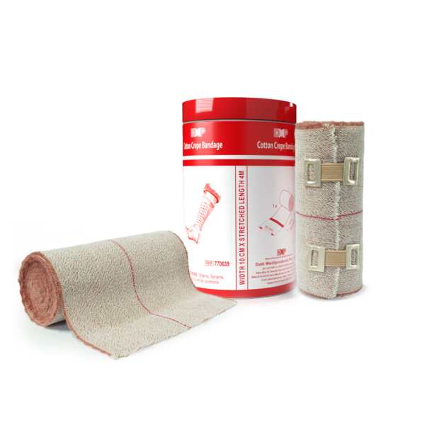 DMP Cotton Crepe cotton crepe compression bandage shown with its retail packaging