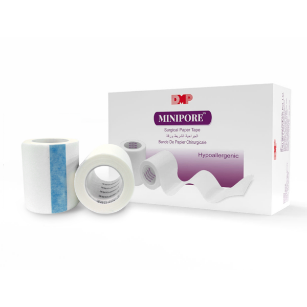 Minipore hypoallergenic surgical paper tape shown with its retail packaging