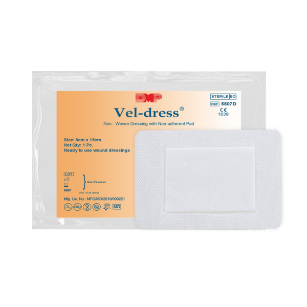 Vel-dress non-woven post-operative dressing shown with its retail packaging