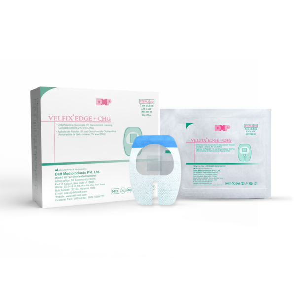 VELFIX Edge+CHG antimicrobial IV dressing with CHG shown with its retail packaging