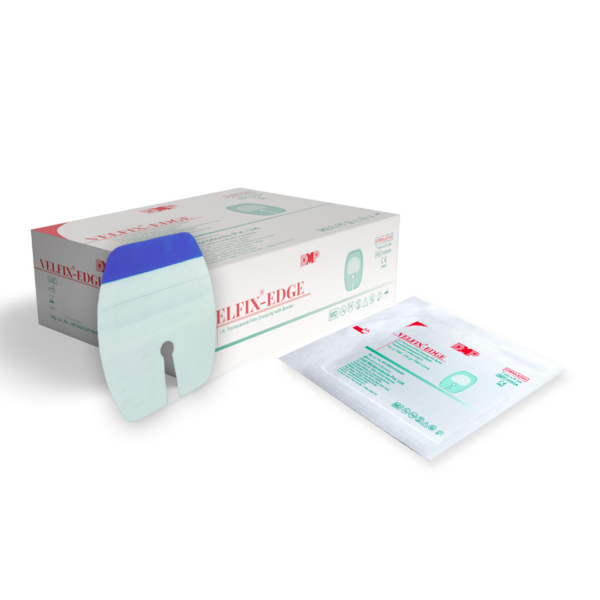 VELFIX Edge transparent IV dressing with border shown with its retail packaging
