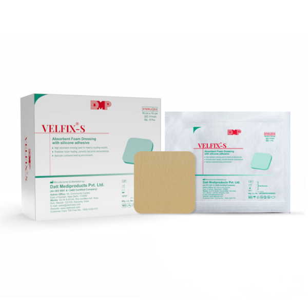VELFIX S foam wound dressing shown with its retail packaging