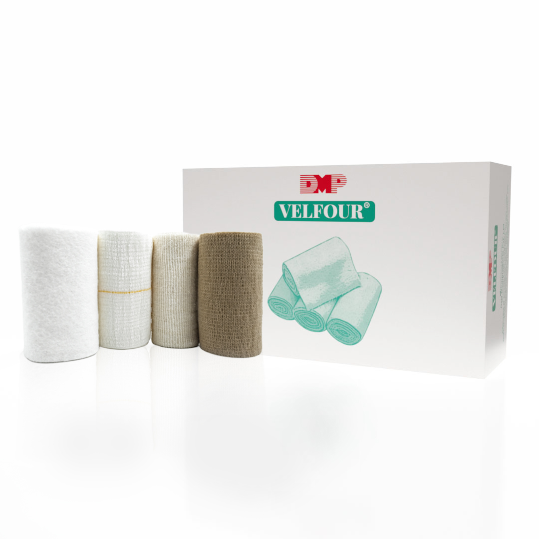 Velfour four layer compression bandage system shown with its retail packaging