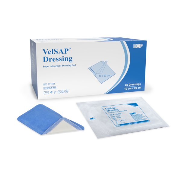 VelSAP superabsorbent wound dressing pad shown with its retail packaging