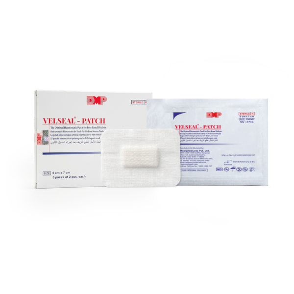 VELSEAL-PATCH hemostatic bleeding control patch shown with its retail packaging