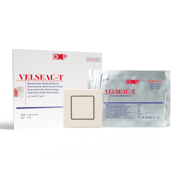 VELSEAL-T traumatic bleeding control dressing shown with its retail packaging