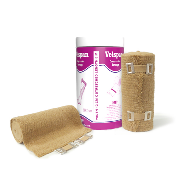 Velspan long stretch high compression bandage shown with its retail packaging